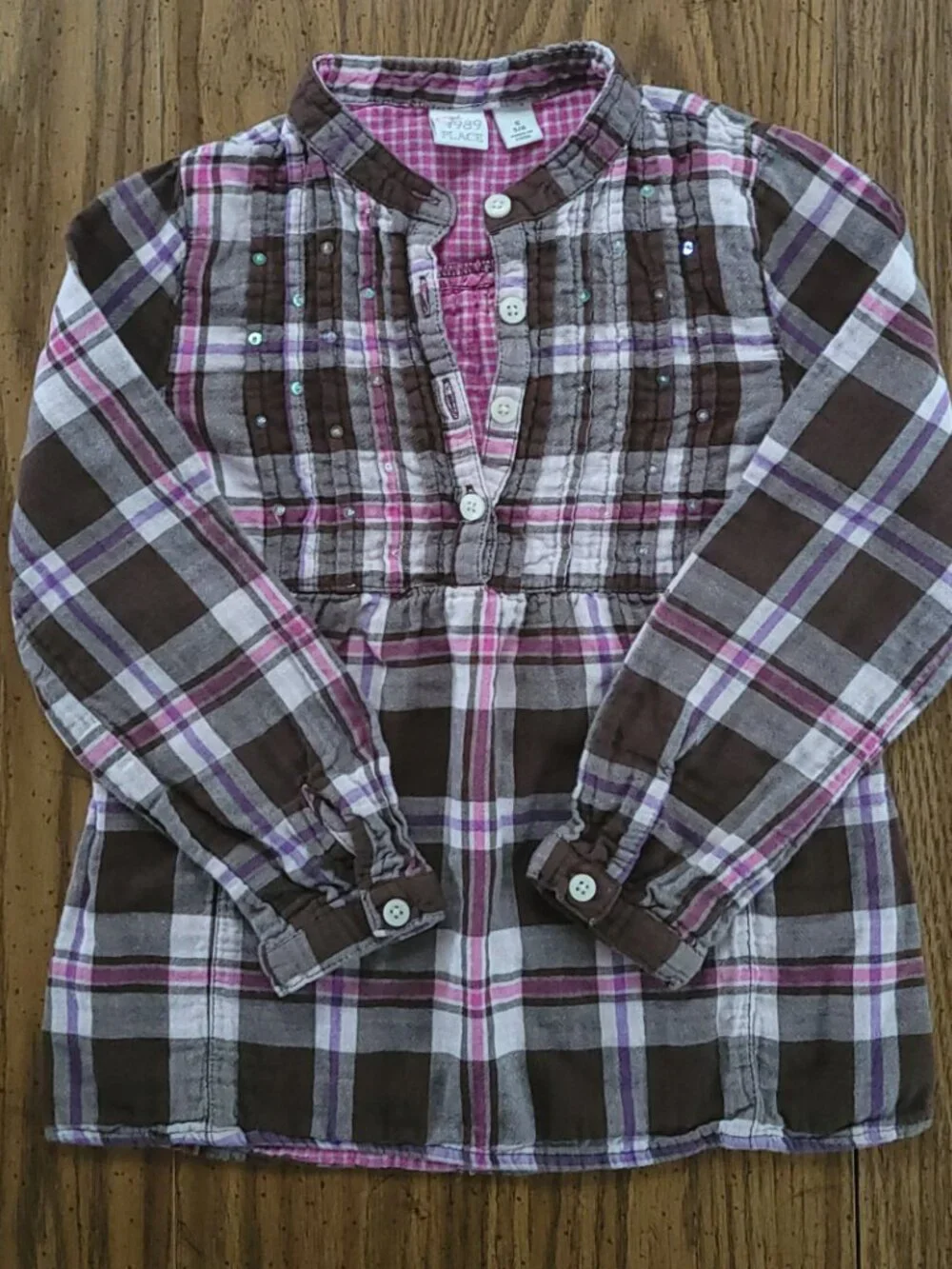 The Children's Place Girls 5/6 Brown Pink Plaid Button Front Tunic Shirt